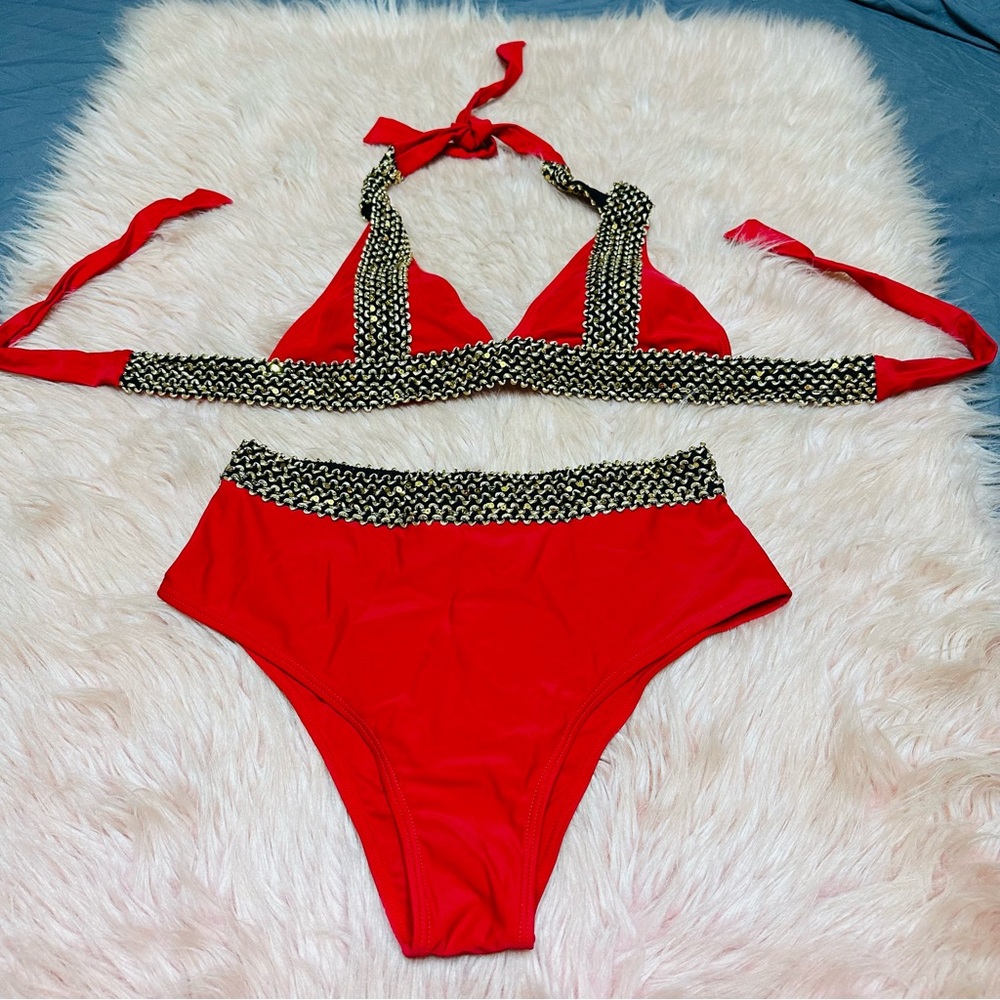 Red and Black Bikini Set with Gold Accents